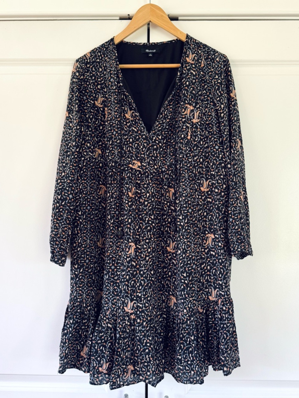 Madewell Dress 100% Silk Fiesta Paisley Ruffle Hem Mini Long Sleeve Size 12